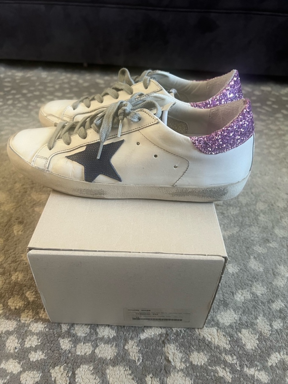 Golden Goose White Sneakers with Pink Glitter Heel and Navy Star - Picture 7 of 8